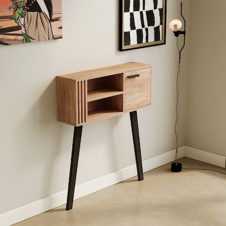 Konsola z lamelami do przedpokoju loft nowoczesna jasny dąb zamykana 80 cm