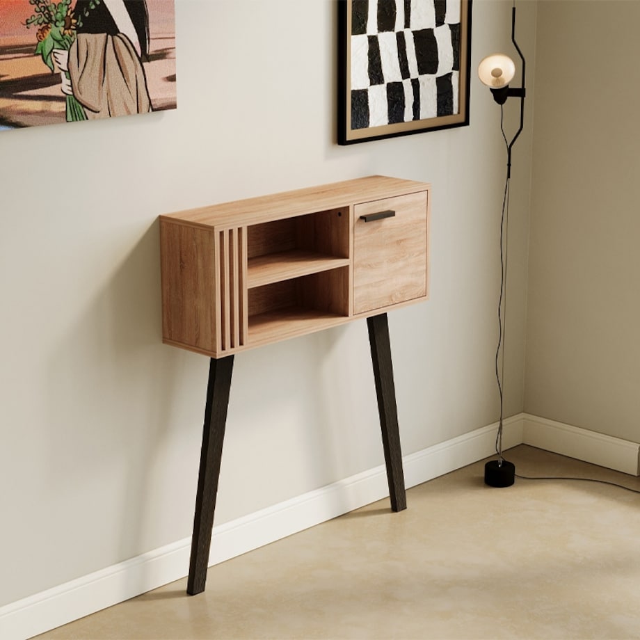 Konsola z lamelami do przedpokoju loft nowoczesna jasny dąb zamykana 80 cm