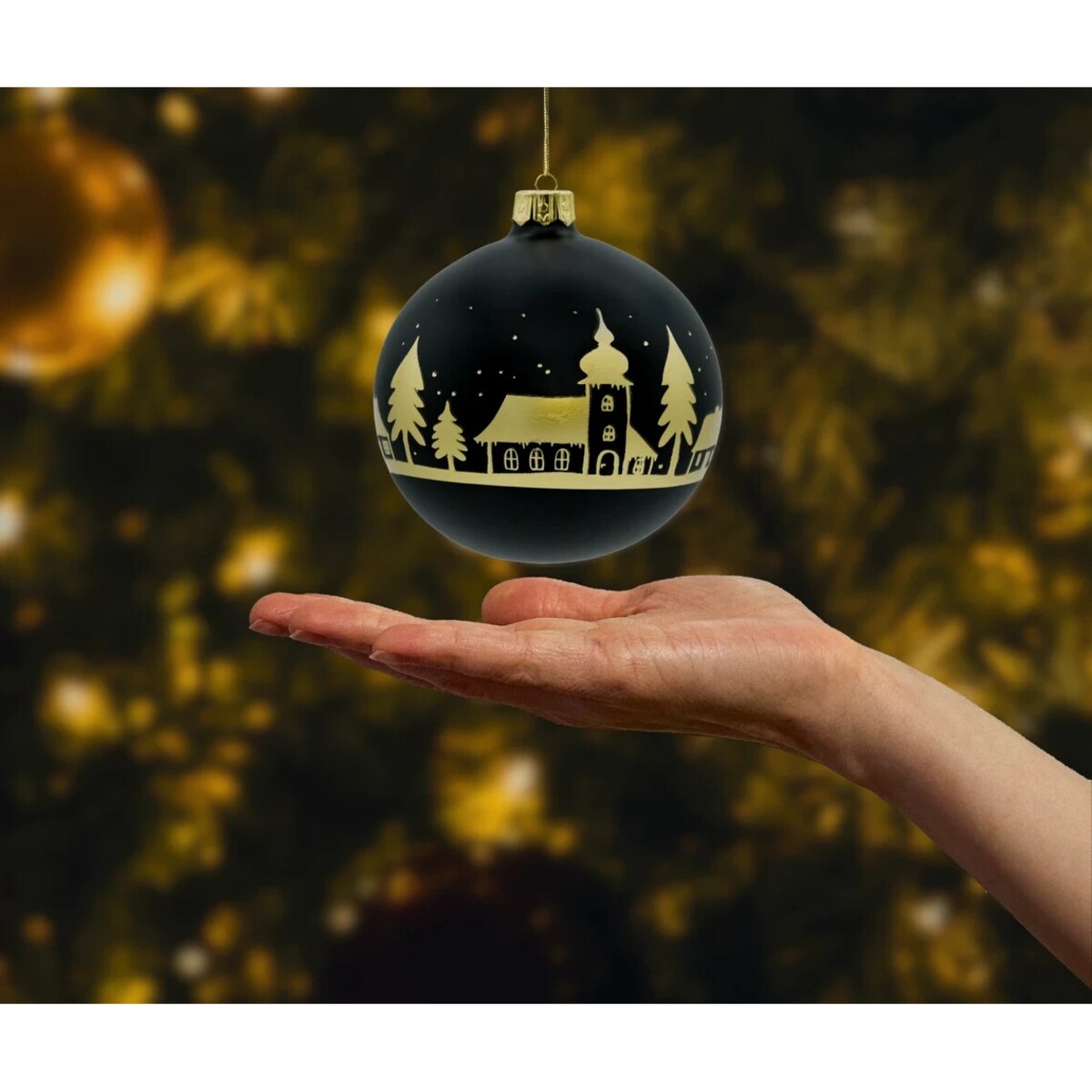 Bombka choinkowa: Bombki okrągłe złote miasteczko: czarne
