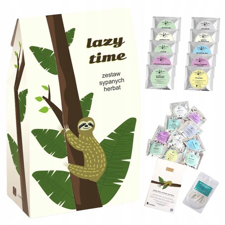 ZESTAW "LAZY TIME" MIX 10 HERBAT PREMIUM NA ODPOCZYNEK RELAKS PRZERWĘ PAUZĘ + ZAPARZACZ - PREZENT UPOMINEK DLA KOBIETY FACETA NIEJ NIEGO