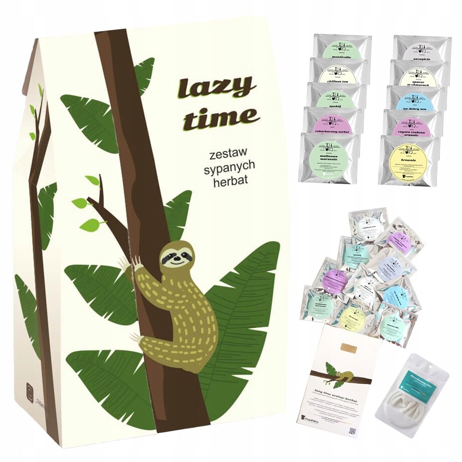 ZESTAW "LAZY TIME" MIX 10 HERBAT PREMIUM NA ODPOCZYNEK RELAKS PRZERWĘ PAUZĘ + ZAPARZACZ - PREZENT UPOMINEK DLA KOBIETY FACETA NIEJ NIEGO