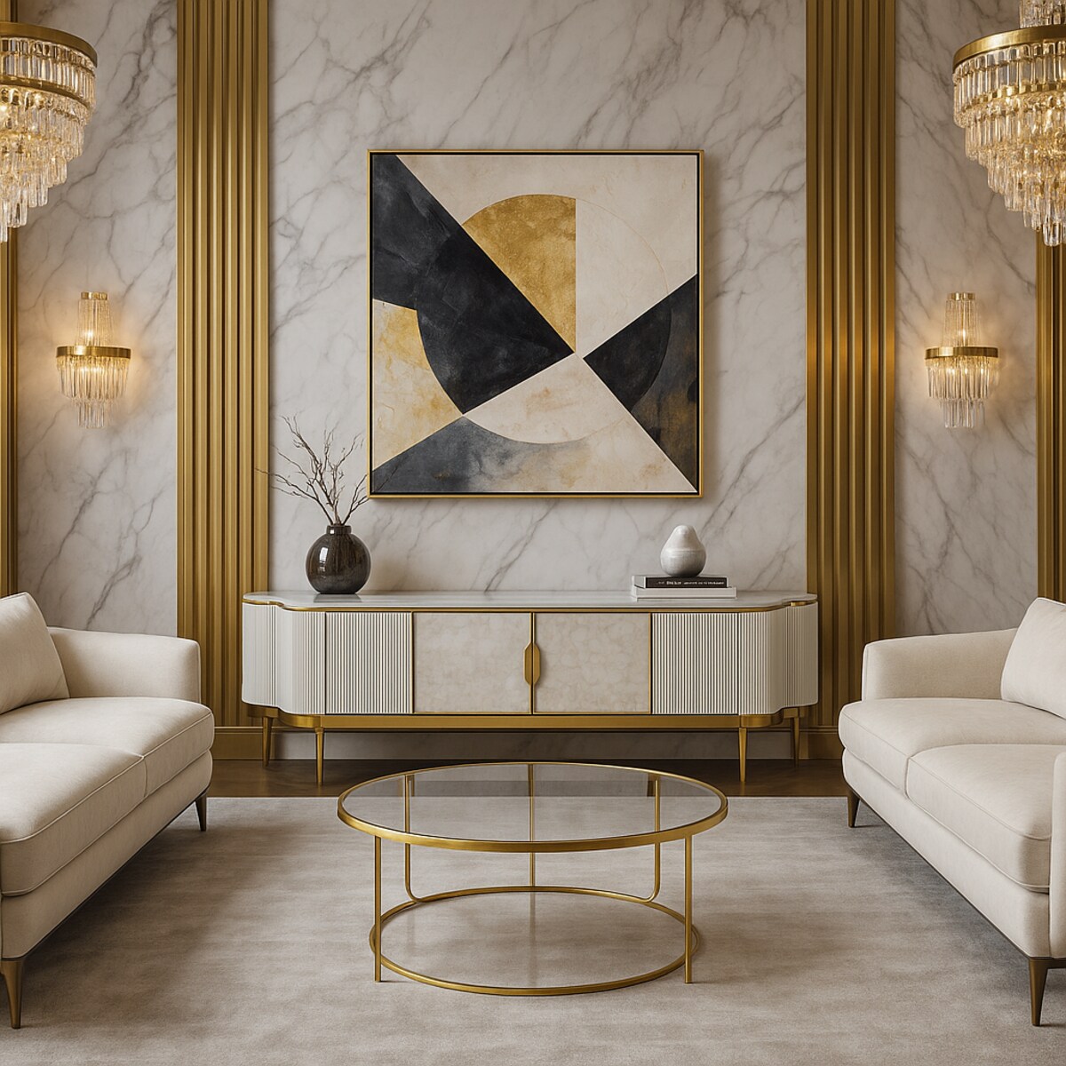 Ryflowana szafka RTV kremowo - złota Champion Glamour Premium z muszelkami z blatem marmurowym 200x40x52