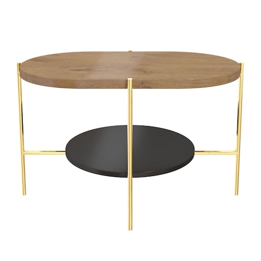 Nowoczesny stolik kawowy Dancan ARENA / złota podstawa + dębowy i czarny blat