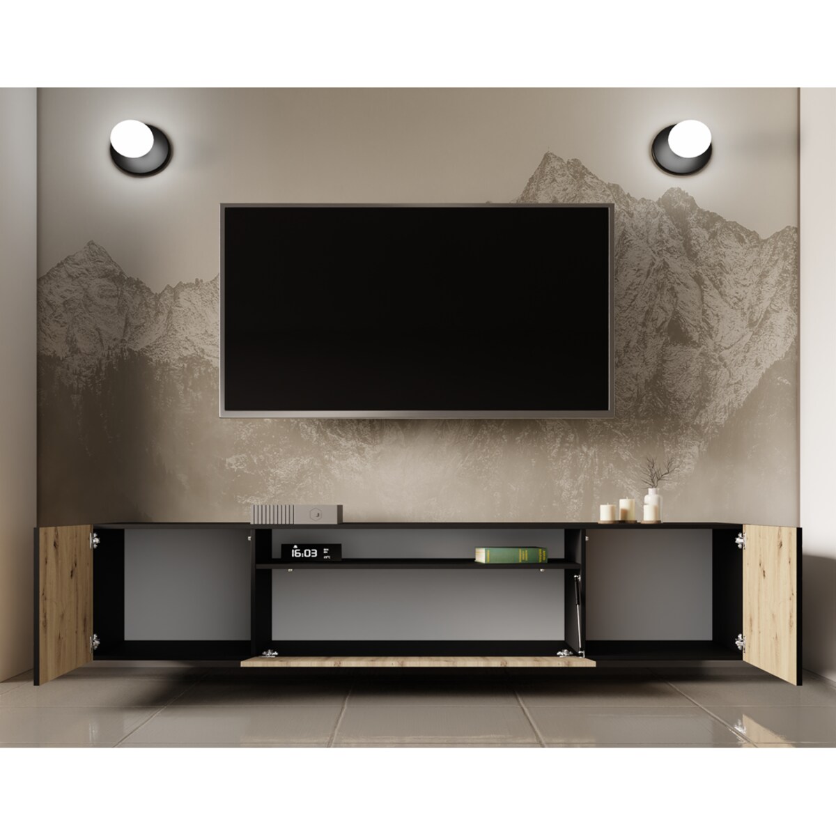 Szafka RTV IGO 200 cm wisząca,do salonu, wzór jodełka- artisan+czarny