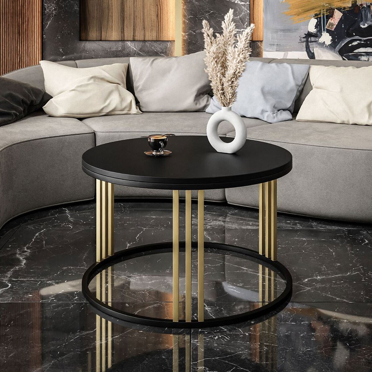 Okrągły stolik kawowy LORI MIX złoty czarny mat