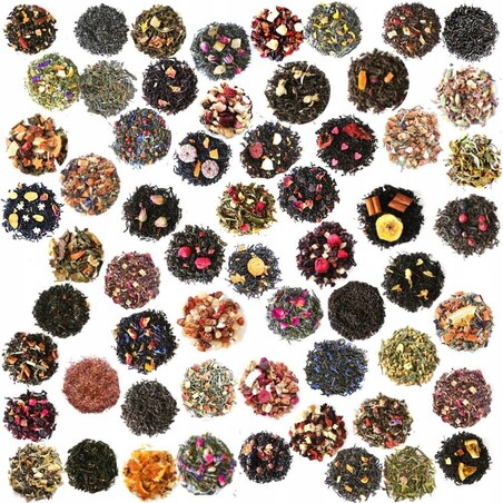 Drewniana solidna herbaciarka - zestaw 60szt różnych herbat sypanych liściastych w saszetkach - na prezent upominek dla kobiety faceta mamy taty babci dziadka