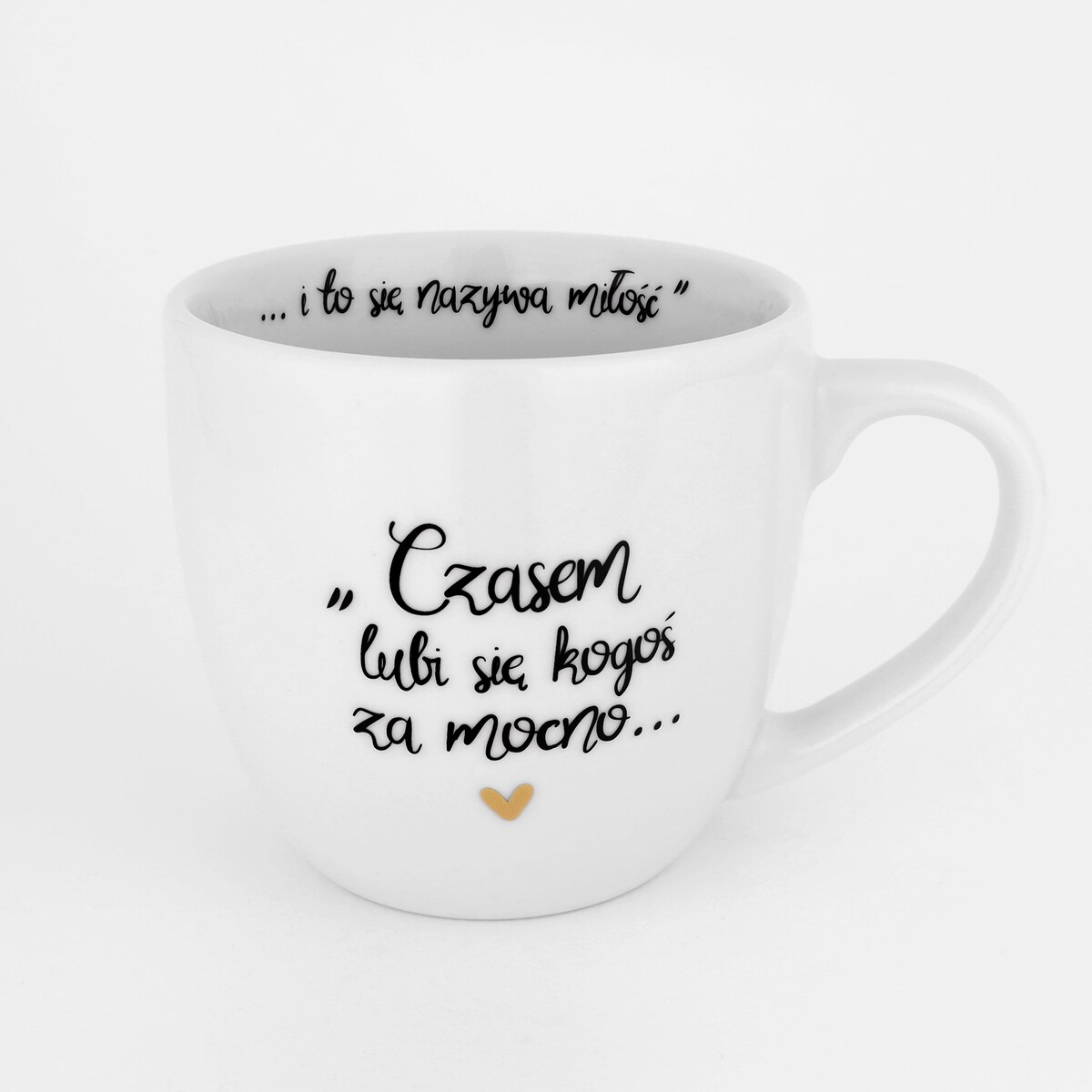 Biały kubek porcelanowy 300 ml - złote serce i cytat o miłości dla drugiej połówki na walentynki
