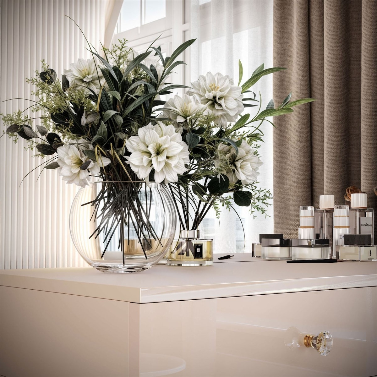 Toaletka kosmetyczna QUINNIE KASZMIR z lustrem LED złoty chrom, lewa, uchwyt biały kryształ