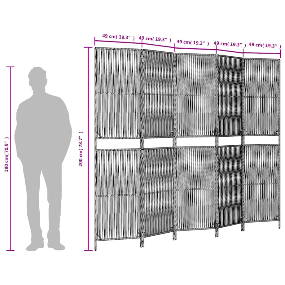 vidaXL Parawan 5-panelowy, brązowy, polirattan