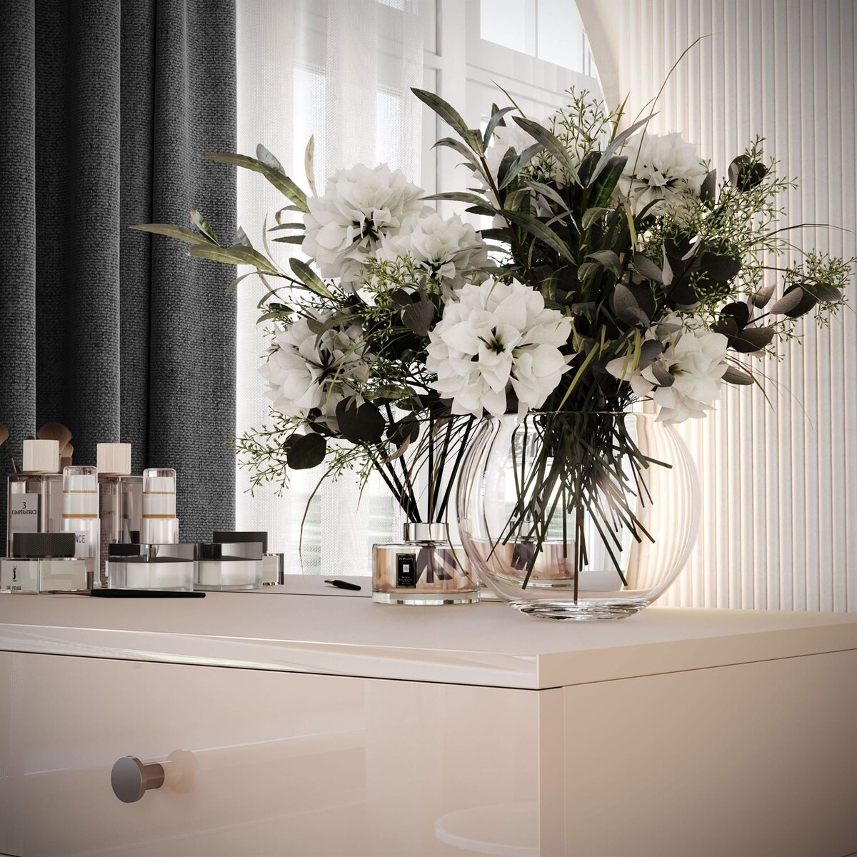 Toaletka kosmetyczna QUINNIE KASZMIR z lustrem LED chrom, prawa, uchwyt srebrny chrom