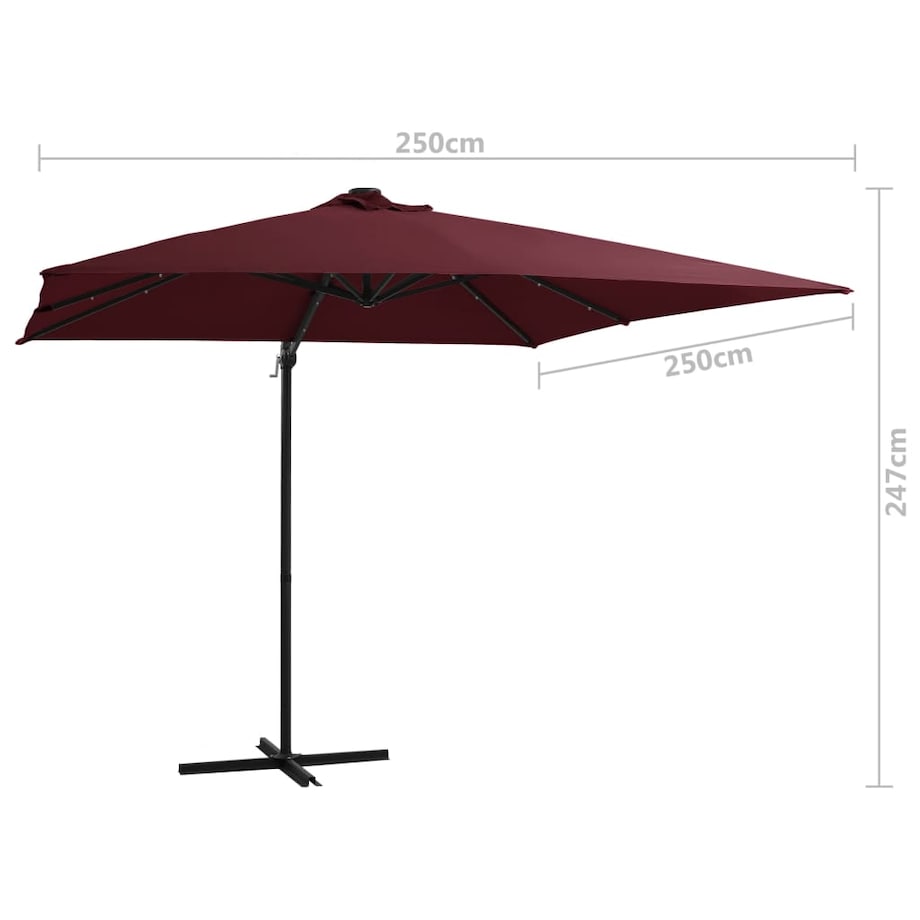 vidaXL Parasol wiszący z LED, bordowy, 250x250 cm