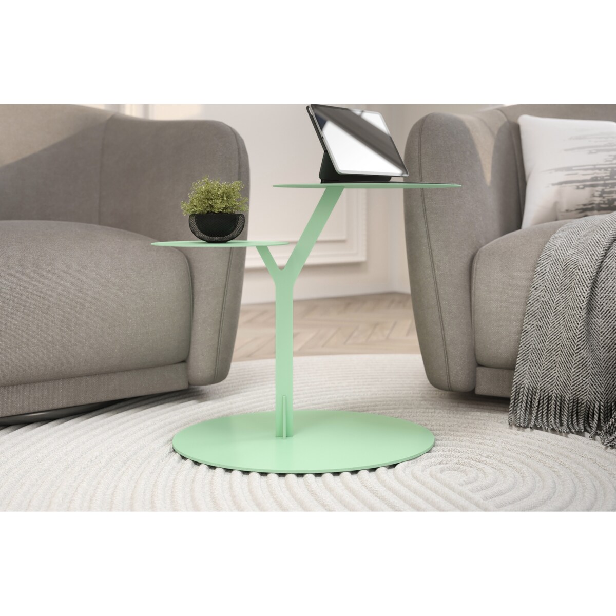 Stolik metalowy dwa blaty, kolor pudrowa zieleń