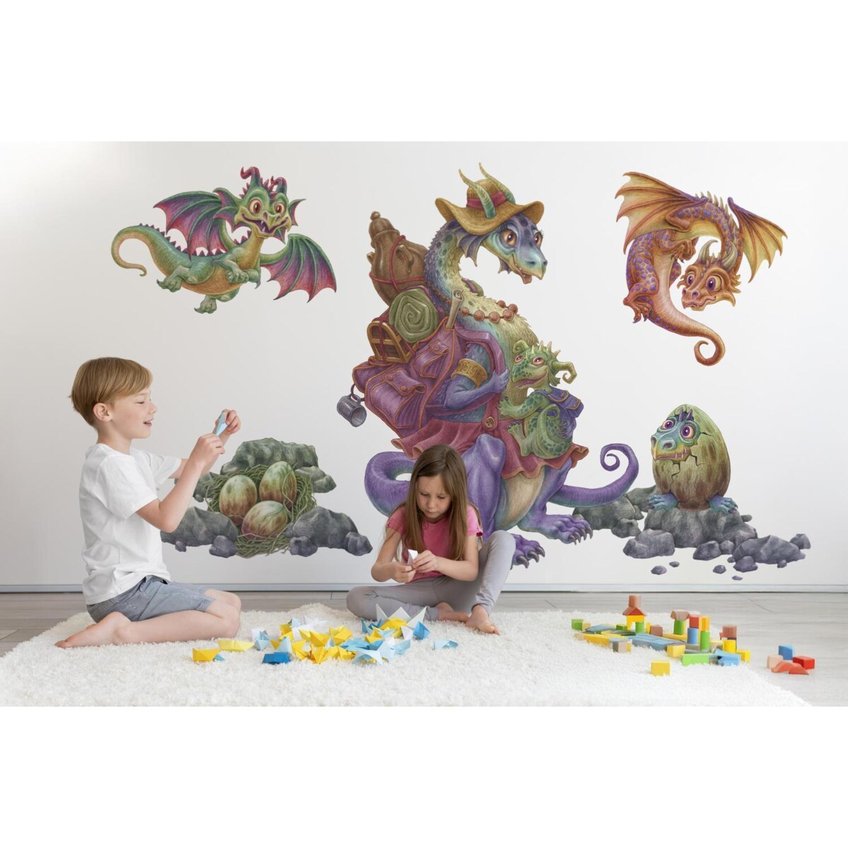 Zestaw naklejek na ścianę, Rodzina smoków, 60cm