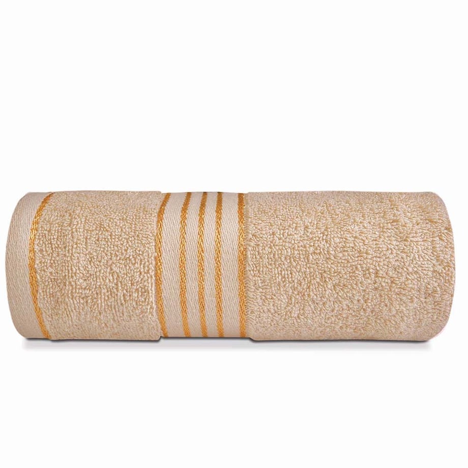 Ręcznik kąpielowy 50x90 cm bawełniany kolor beżowy z bordiurą w złote paski 500 g/m2 TIWANO