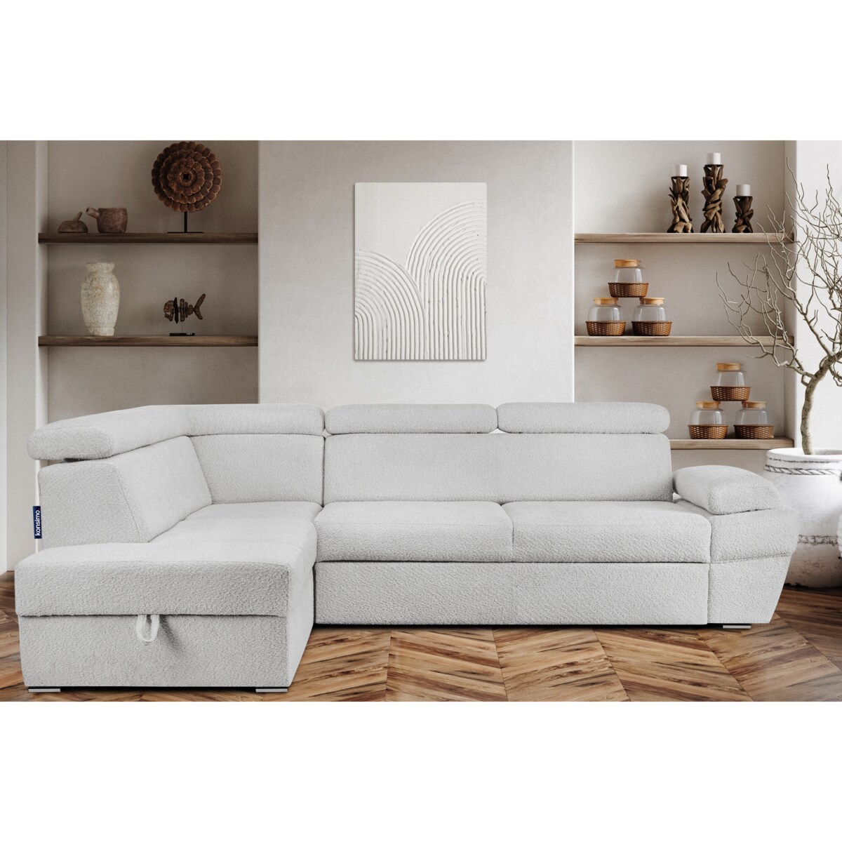 KONSIMO RATLO Narożnik rozkładany jagnięcy z pojemnikiem na pościel, szary po lewej stronie