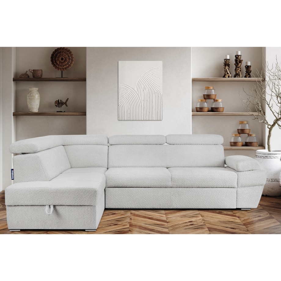 KONSIMO RATLO Narożnik rozkładany jagnięcy z pojemnikiem na pościel, szary po lewej stronie