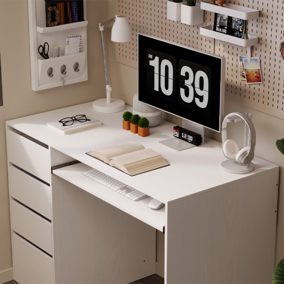 BIURKO KOMPUTEROWE STOLIK BIAŁE MŁODZIEŻOWE NOWOCZESNE Z SZUFLADAMI I PÓŁKĄ