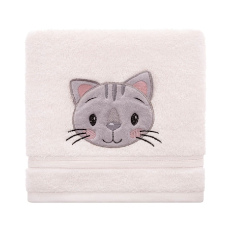 Gruby Chłonny Kremowy Ręcznik Kąpielowy dla Dzieci 70 x 140 z Haftem Kotek