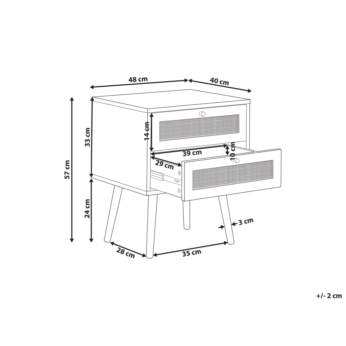 Szafka nocna 2 szuflady fronty rattanowe jasne drewno PEROTE