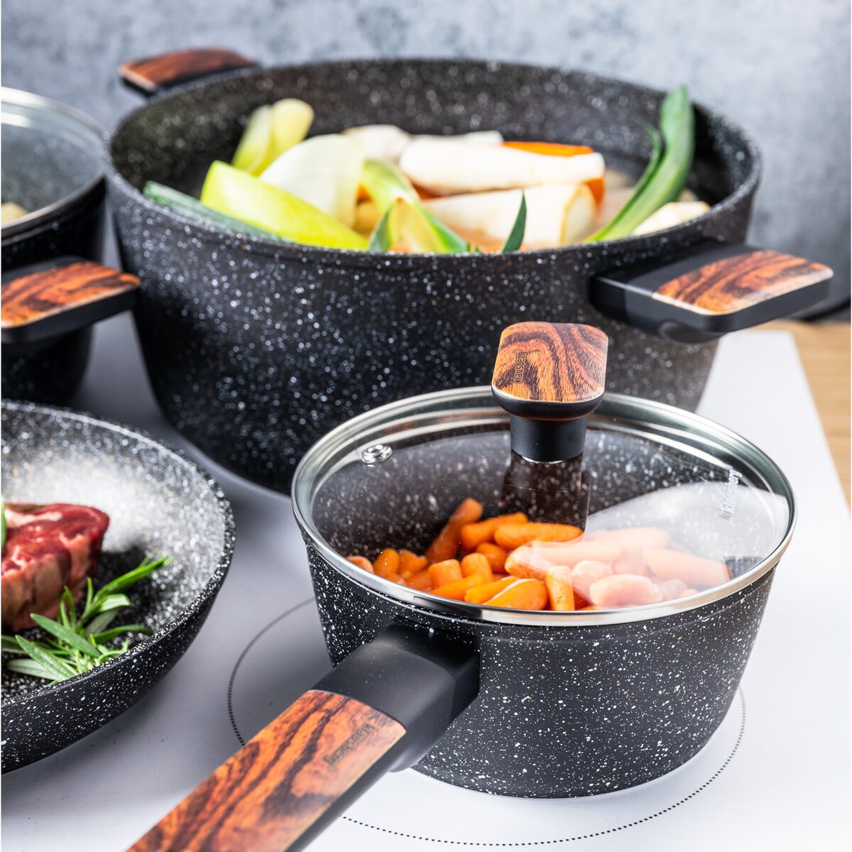 Komplet garnków z marmurkową powłoką nieprzywierającą 12-ele KLAUSBERG