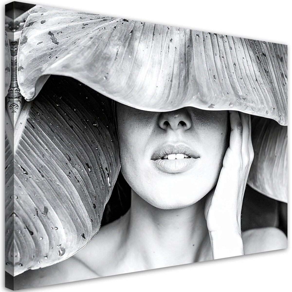 Obraz czarno biały do salonu sypialni, Kobieta i liście na głowie 100x70