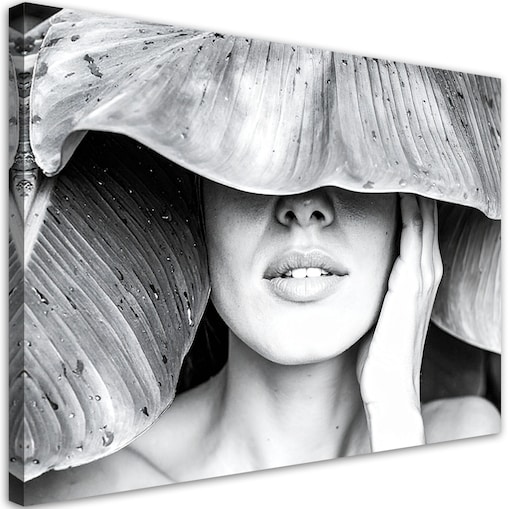 Obraz czarno biały do salonu sypialni, Kobieta i liście na głowie 100x70