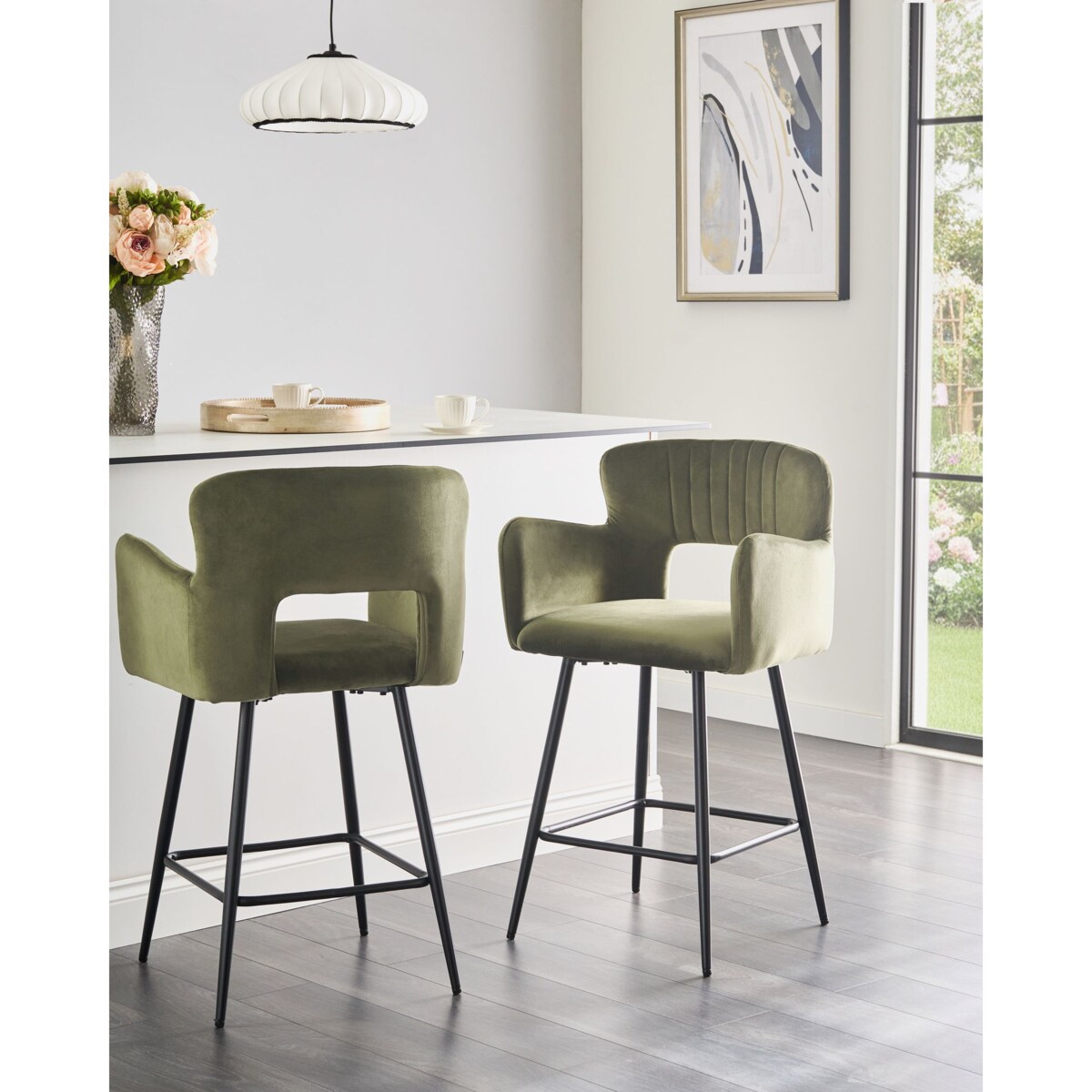 Zestaw 2 krzeseł barowych SANILAC Welur Oliwkowy