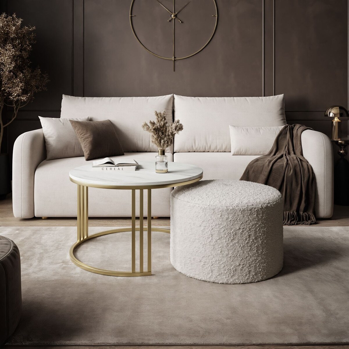 Stolik kawowy z pufą LORI MAT złoto szczotkowane,Marmur Levanto / Coral 65