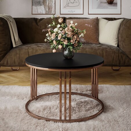 Okrągły stolik kawowy LORI mat z miedzianym stelażem, czarny mat