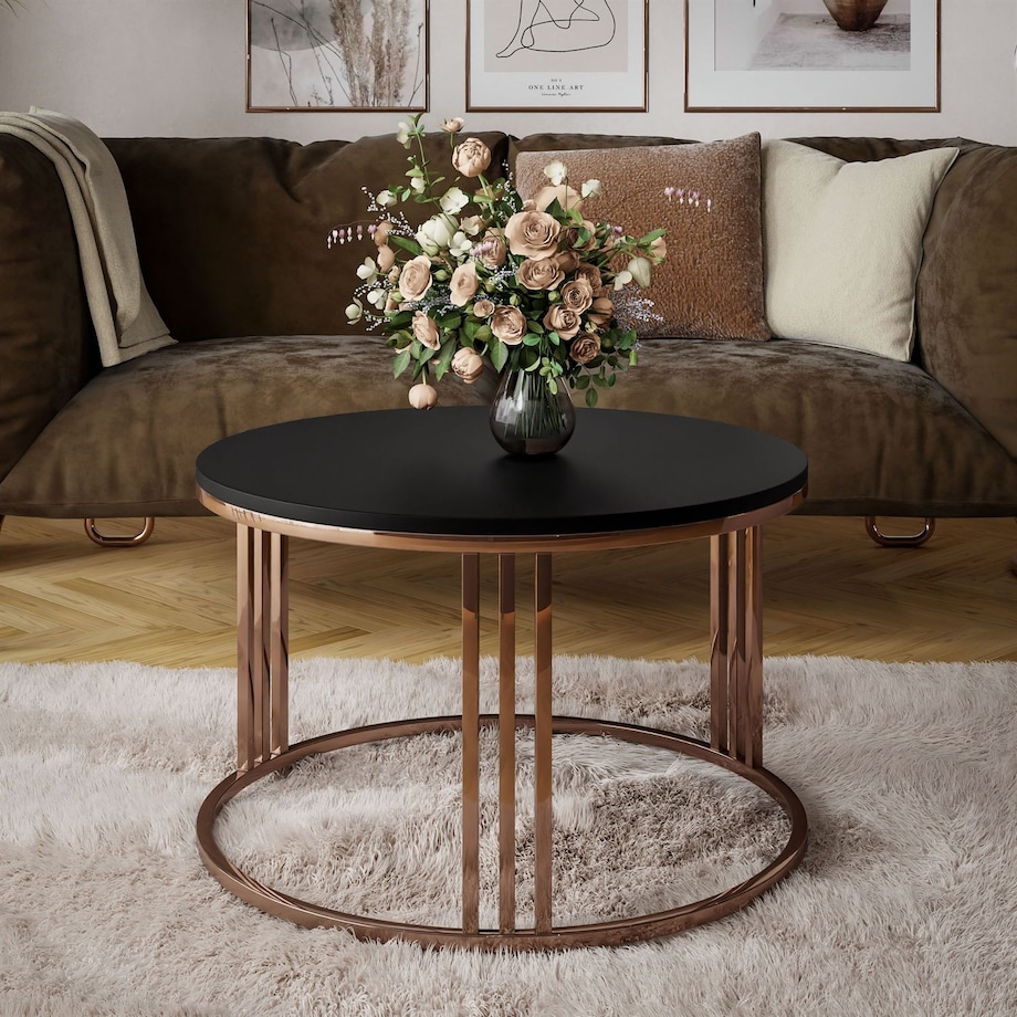 Okrągły stolik kawowy LORI mat z miedzianym stelażem, czarny mat