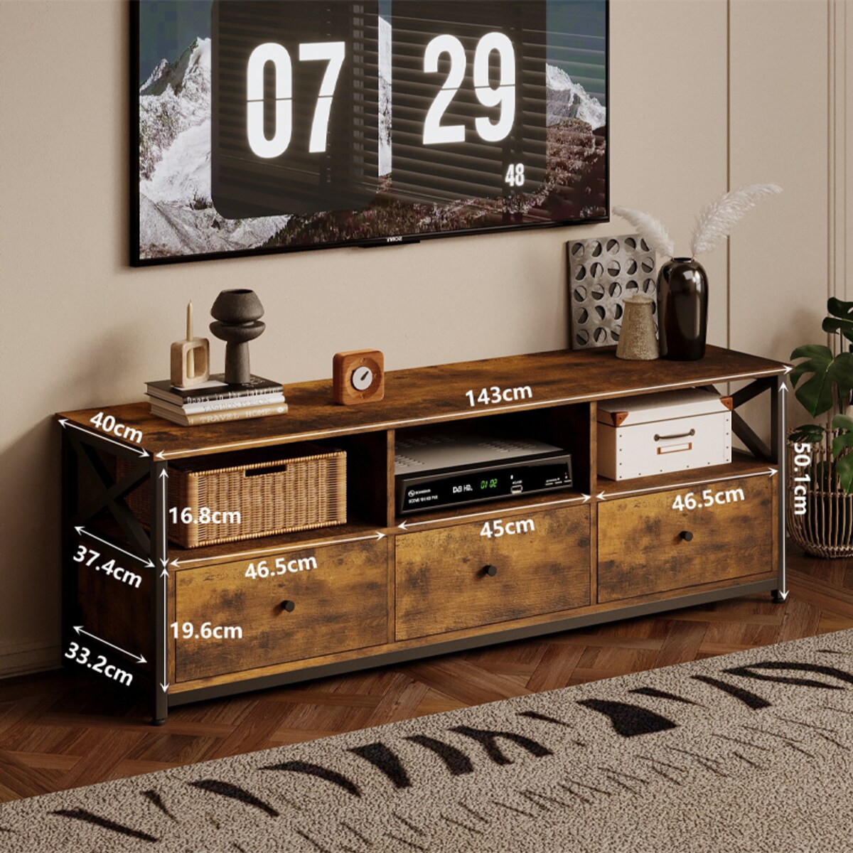 Szafka pod telewizor RTV 143 cm 3 szuflady loft vintage rustykalny brąz