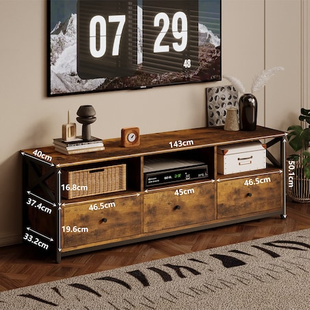 Szafka pod telewizor RTV 143 cm 3 szuflady loft vintage rustykalny brąz