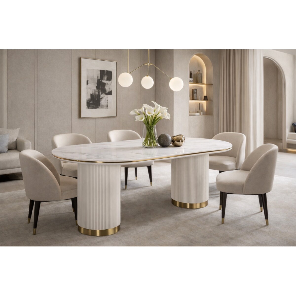 Stół owalny glamour marmur 180x90 ryflowane nogi do jadalni Luna Ecru