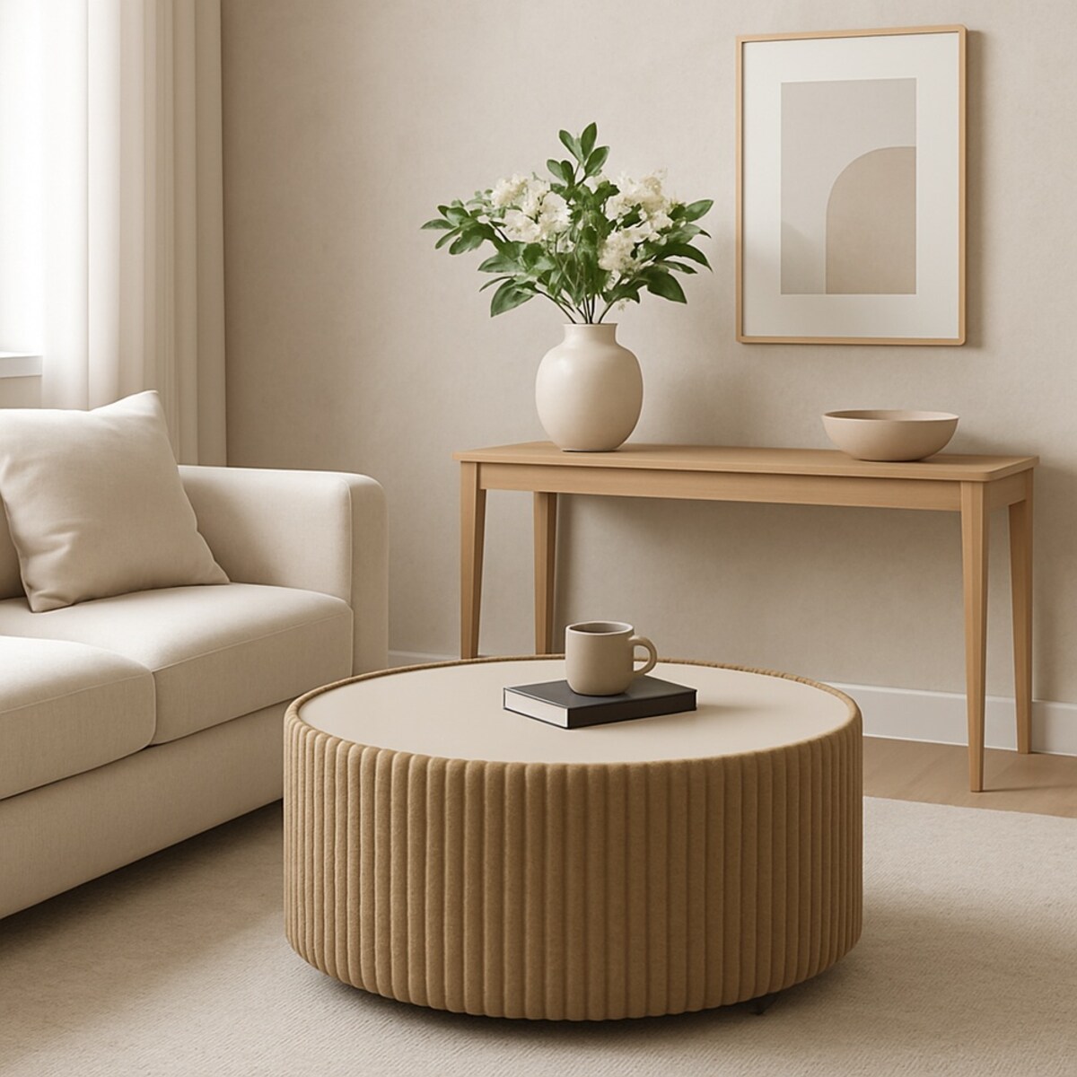 Stolik okrągły kawowy tapicerowany MIJA w tkaninie Tilia, beżowy