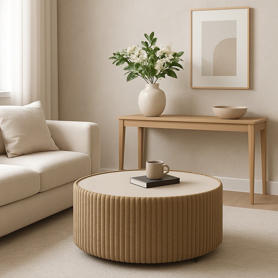 Stolik okrągły kawowy tapicerowany MIJA w tkaninie Tilia, beżowy