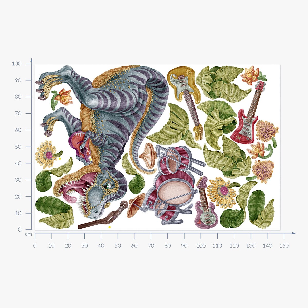 Zestaw naklejek na ścianę, Pastelowy Muzyczny dinozaur, 100cm