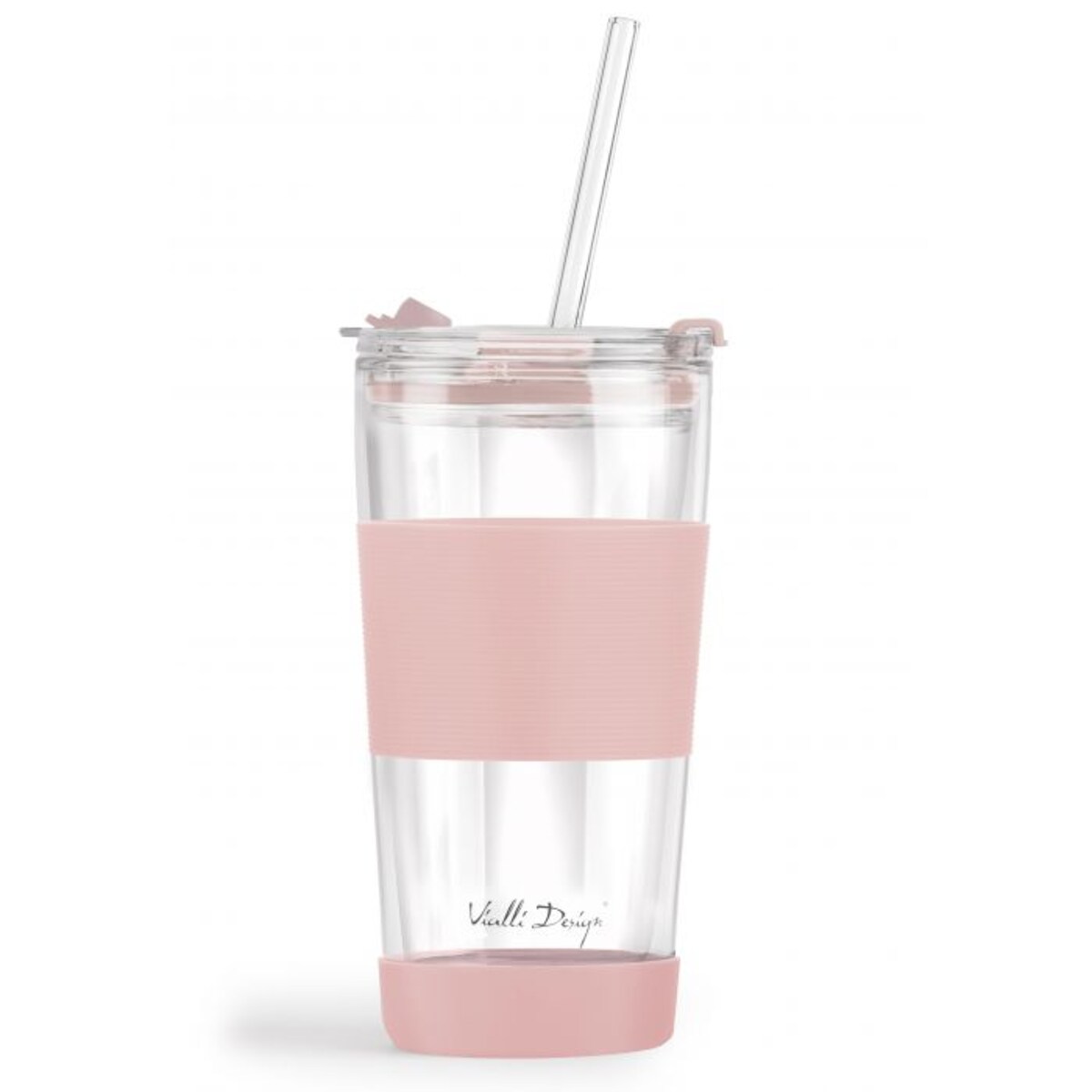 Kubek termiczny szklany ze słomką 600 ml różowy Fuori 30411