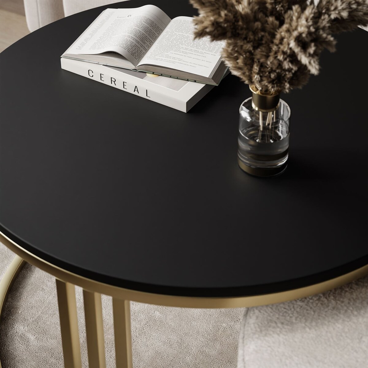 Stolik kawowy z pufą LORI MAT złoto szczotkowane, czarny mat / Coral 65