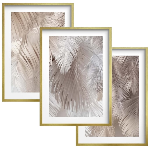 Plakaty w złotej ramie Obrazy do salonu sypialni Beżowe Liście Boho glamour