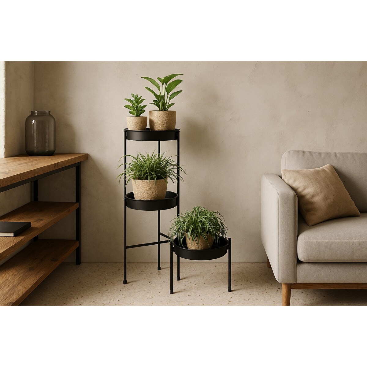 Kwietnik loftowy czarny na 3 doniczki BOGI, 61,5 cm