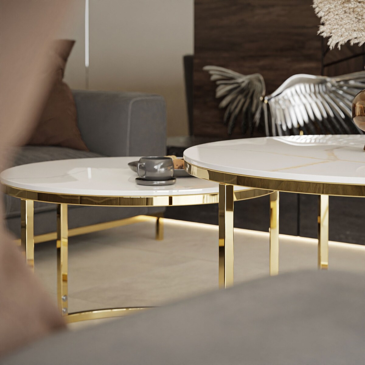 Stolik kawowy 2w1 SELAVI złoty chrom biały marmur