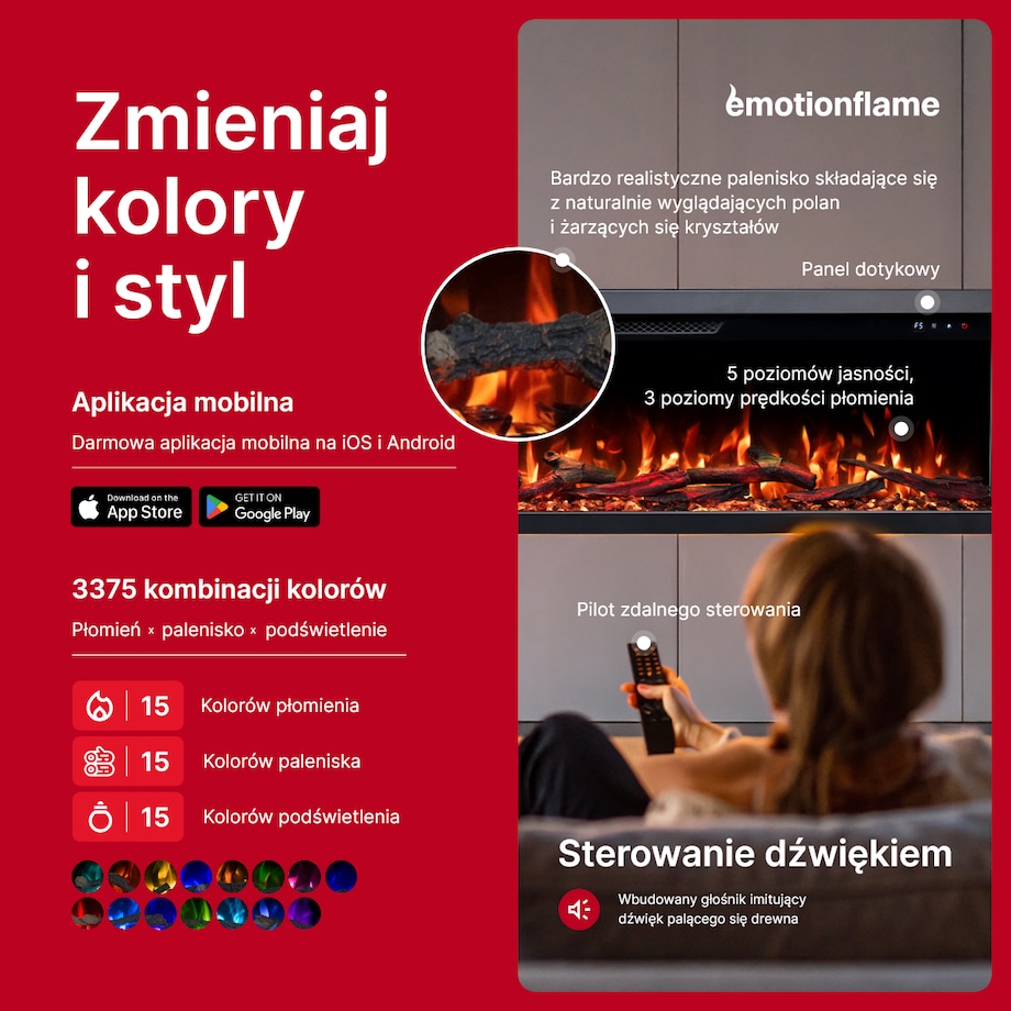 Kominek elektryczny à 3 côtés Emotion Flame Unity 127 - ścienny i do zabudowy - 127x19x36 cm - kominek LED - 900/1800 W
