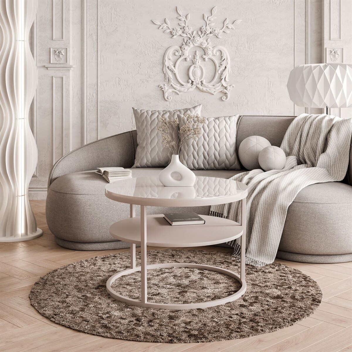 Stolik Kawowy CIRI KASZMIR wysoki połysk z półką, blat kaszmir połysk