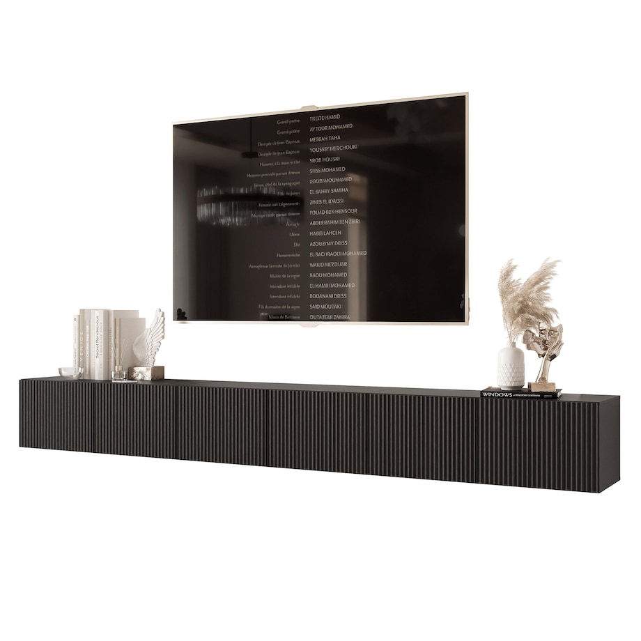 Szafka RTV wisząca CZARNA ANGEL ryflowana 300 cm z oświetleniem LED