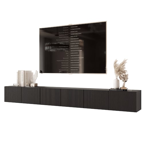Szafka RTV wisząca CZARNA ANGEL ryflowana 300 cm z oświetleniem LED