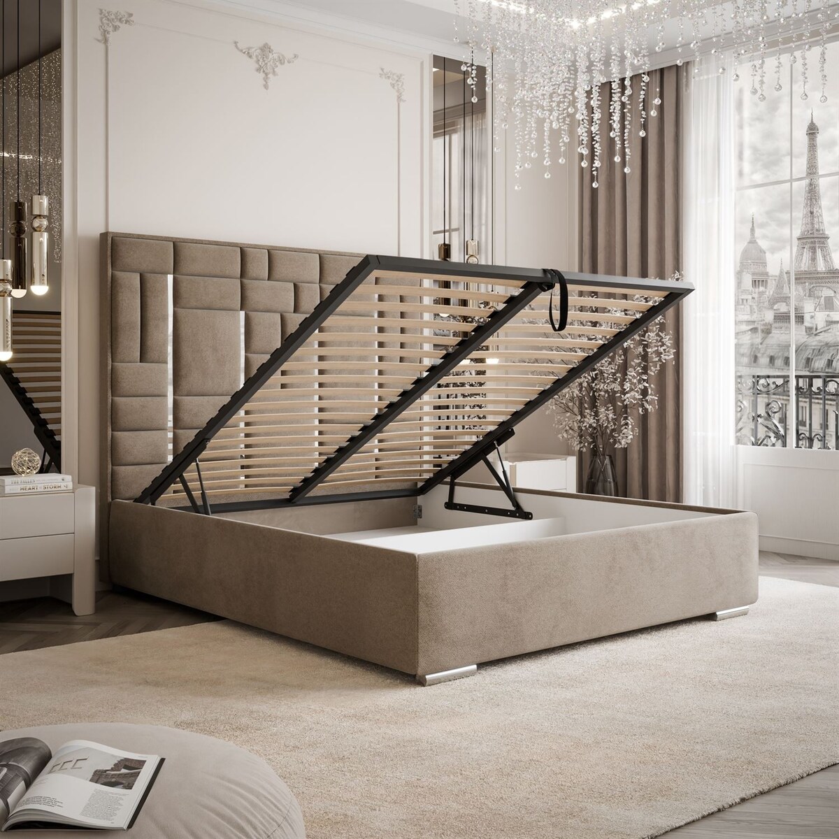 Łóżko tapicerowane BRIGITTE SILVER, pojemnik na pościel, s34, 180x200, Element 06