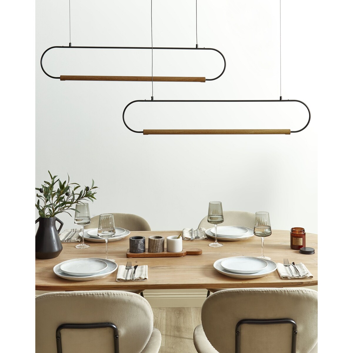 Lampa wisząca LED 2 punktowa metalowa czarny z jasnym drewnem LOGONE