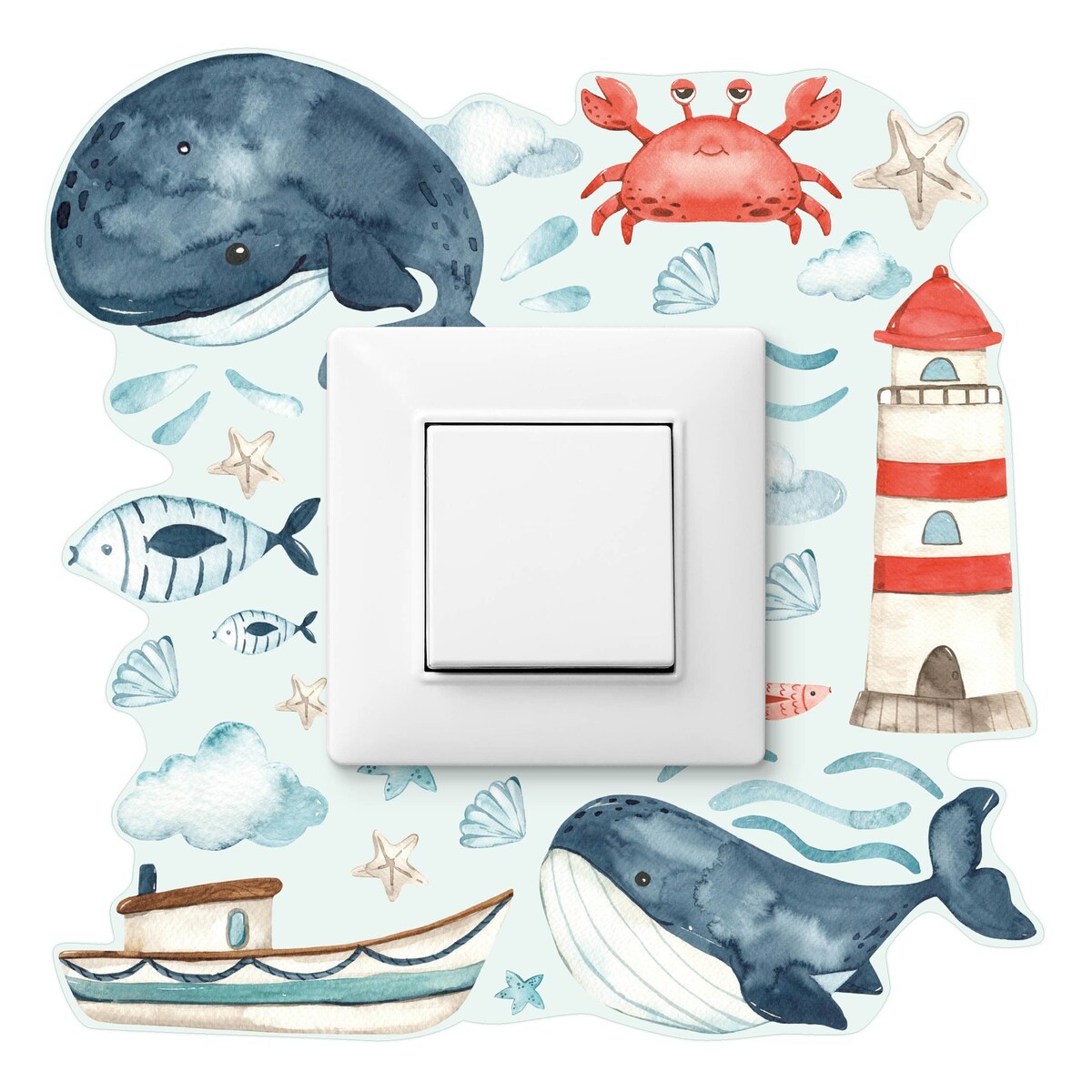 Naklejka Pod Kontakt Wieloryby Rybki Chmurki Rozgwiazdy Muszelki Dla Dzieci 20x20cm