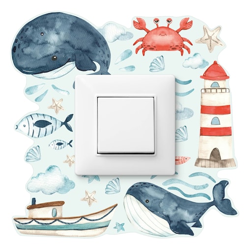 Naklejka Pod Kontakt Wieloryby Rybki Chmurki Rozgwiazdy Muszelki Dla Dzieci 20x20cm