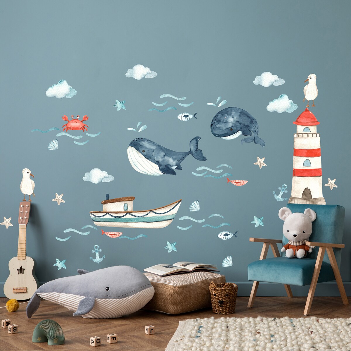 Naklejki Dla Dzieci Wieloryby MORZE Chmurki Ryby Mewy Muszelki ZESTAW 120x60cm